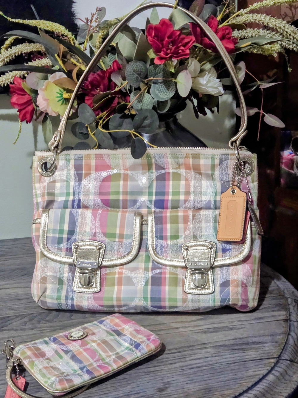 Coach Poppy Madras Plaid Leather Shoulder Bag with Gold Trim And Wristlet Purse - Picture 2 of 16